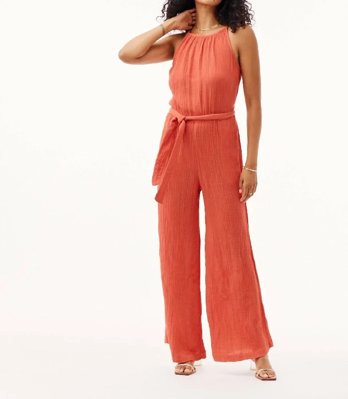 women's jumpsuits made of velvetSmocked Back Cami Jumpsuit In Papaya Red