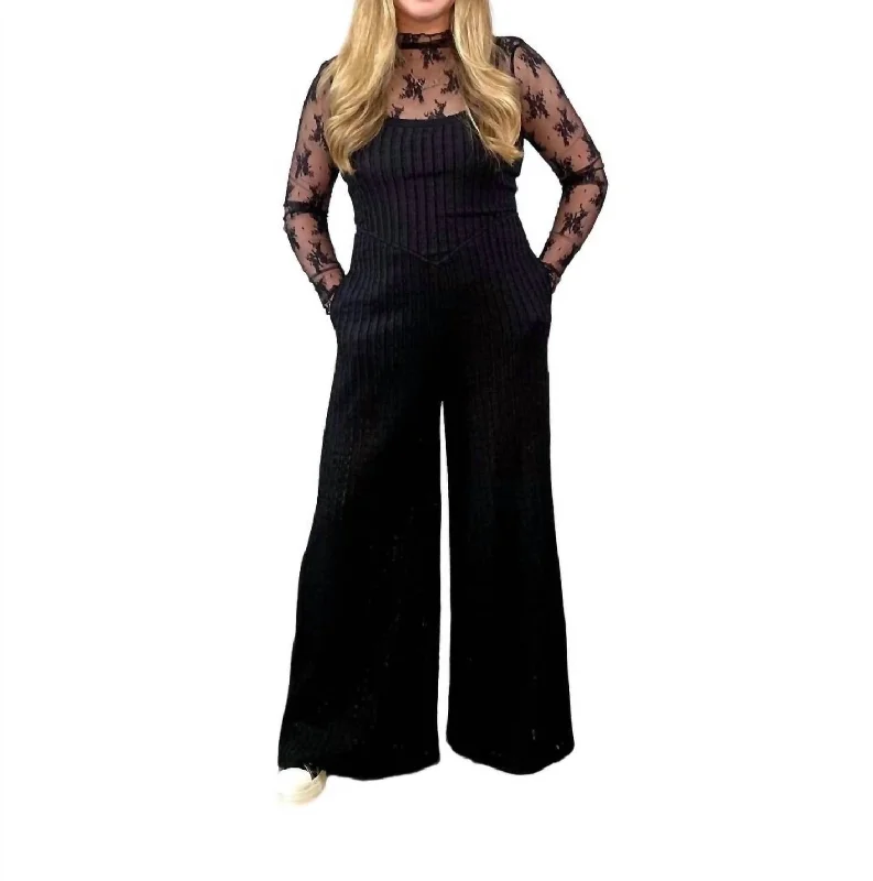 women's jumpsuits made of cottonTextured Lace Wide Leg Jumpsuit In Black