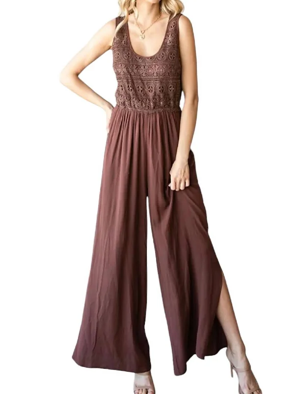 women's jumpsuits for sustainable fashionTie Back Sleeveless Slit Wide Leg Jumpsuit In Brown