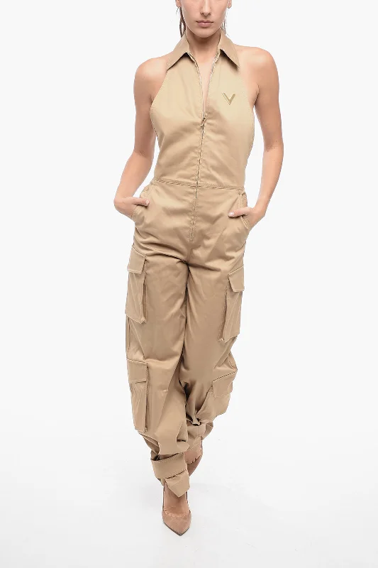 women's jumpsuits for eco-friendly choicesValentino Open-Back Cargo Jumpsuit With Applicated Logo