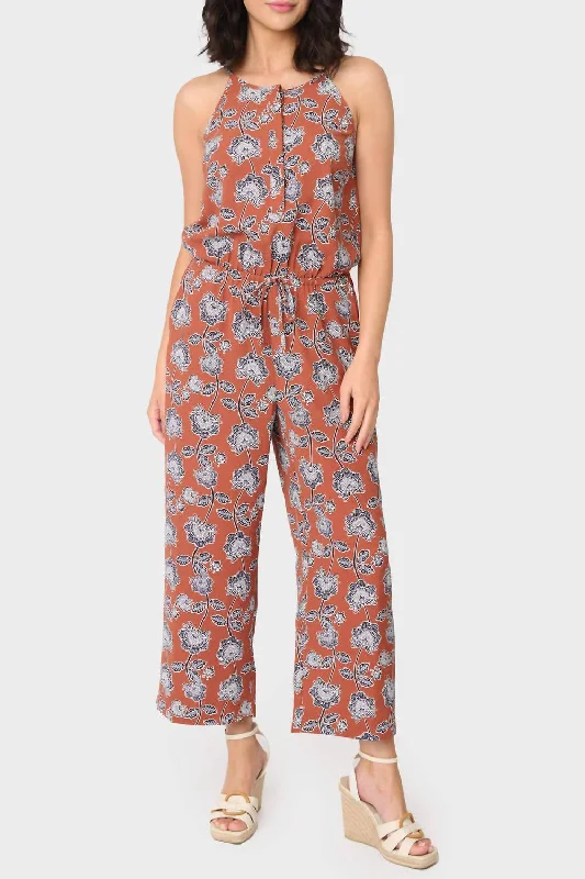 women's jumpsuits for ethical manufacturingVilla Mia Henley Jumpsuit In Toasted Cinnamon Poppy Print