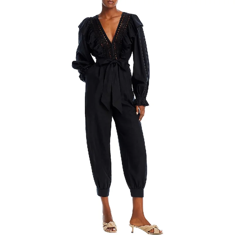 women's jumpsuits with self-ties at the waistWomens Eyelet Belted Jogger Jumpsuit