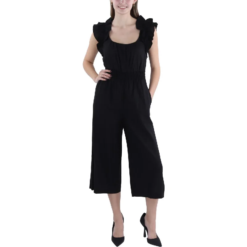 women's jumpsuits for apple-shaped bodiesWomens Linen Ruffled Jumpsuit