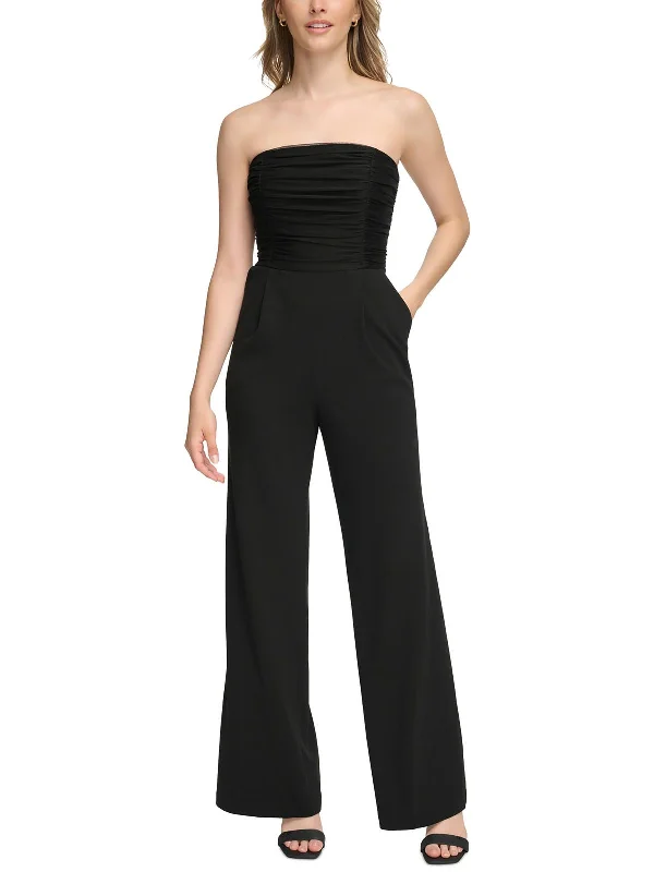 women's jumpsuits with round necksWomens Strapless Wide Leg Jumpsuit