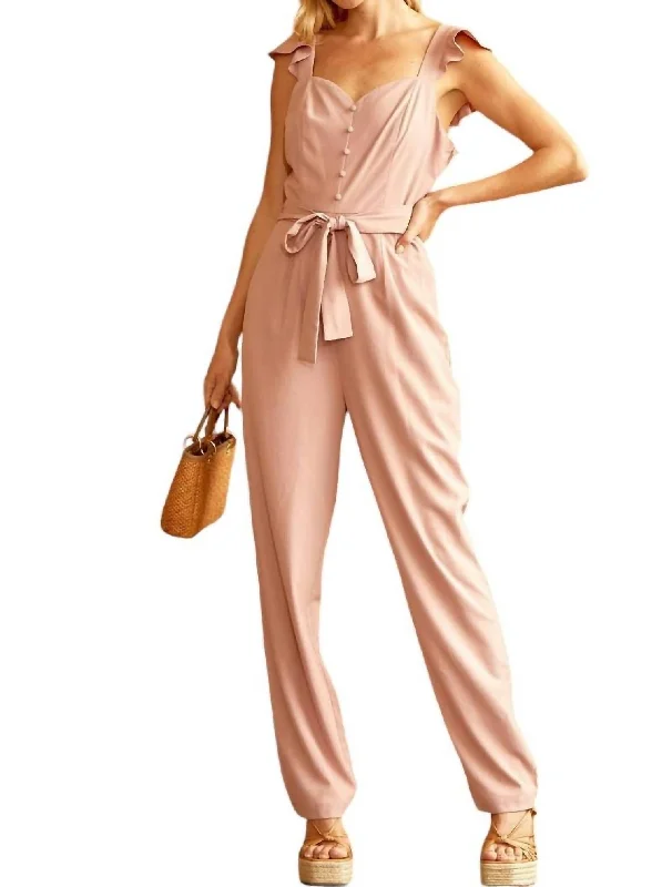 women's jumpsuits made of satinWoven Jumpsuit With Smocked Back In Mauve