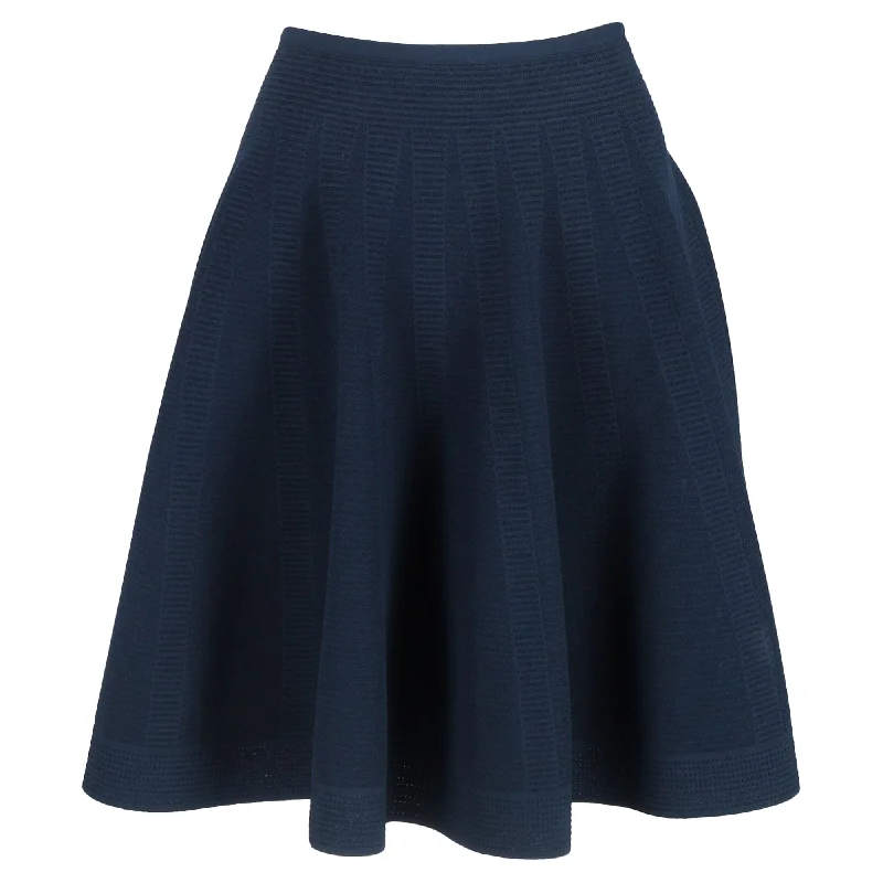 women's knitted mini skirts for casual wearAlaïa Flared A-Line Skirt in Navy Blue Wool