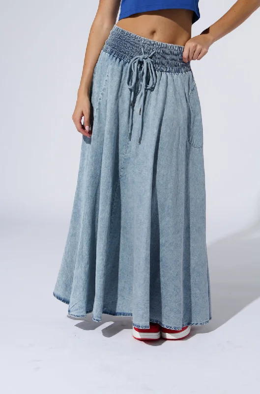 women's classic chiffon skirtsALEX ACID WASH DENIM MAXI SKIRT