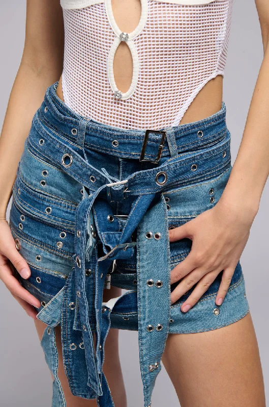 women's work skirtsBELTED MULTI DENIM MINI SKORT