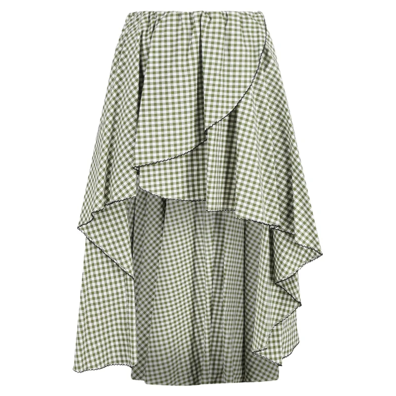 women's sustainable striped skirtsCaroline Constas Adelle Gingham Midi Asymmetric Skirt in Green Cotton