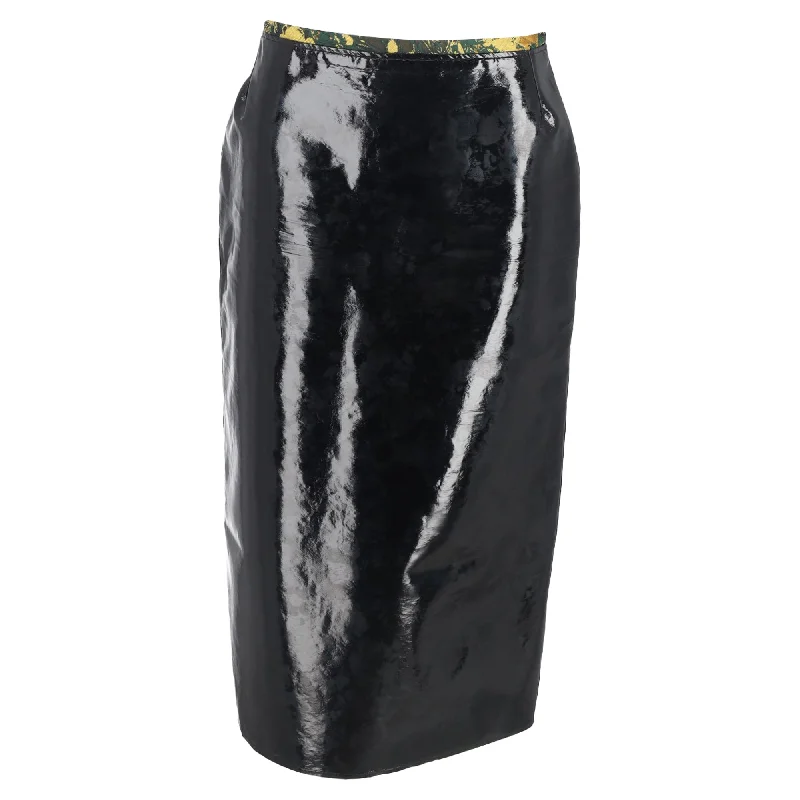 women's leather skirtsDries Van Noten Printed Waistband Detail Midi Skirt in Black Faux Leather