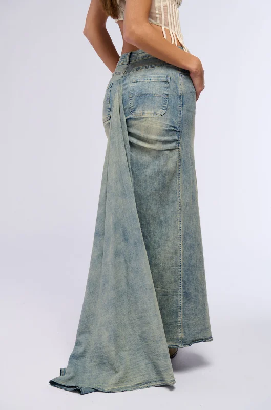 women's moisture-wicking formal skirtsOH THE DRAMA DENIM MAXI SKIRT WITH TRAIN