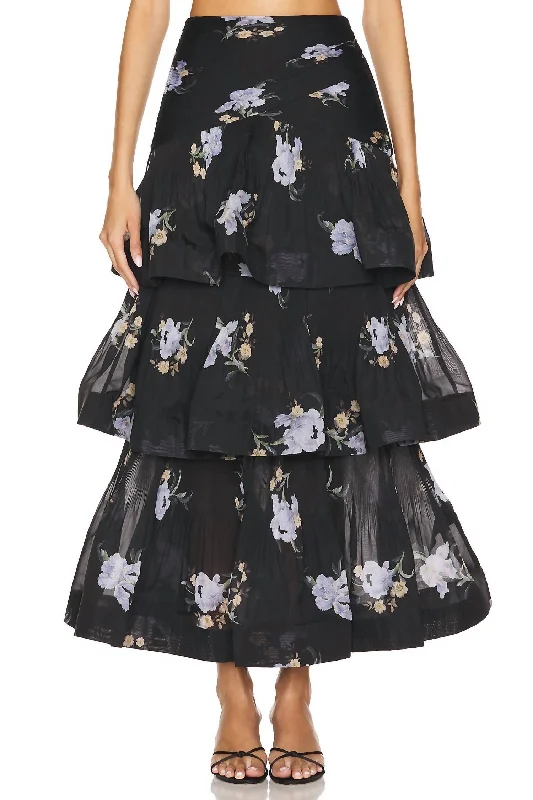 women's stretch skirtsPleated Tiered Skirt In Black Iris Floral