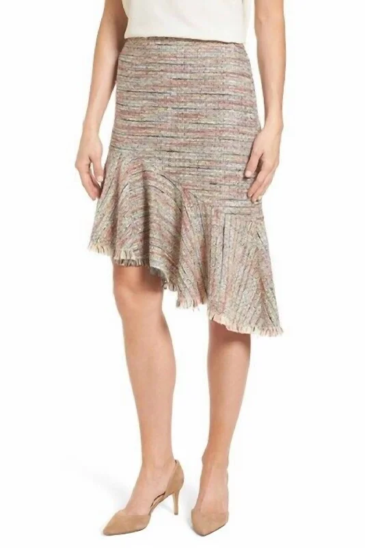 women's velvet skirtsTweed Asymmetrical Fringe Hem Midi Skirt In Multicolor