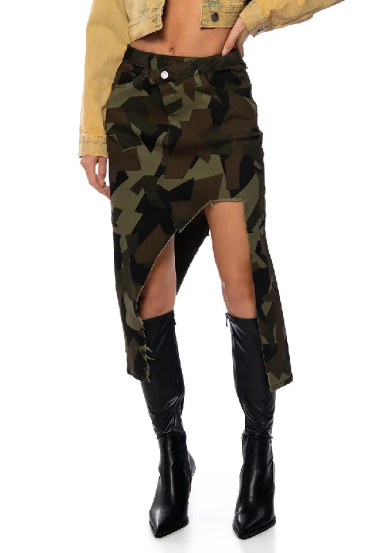 women's casual skirtsWILDER CAMO CUT OUT MIDI SKIRT